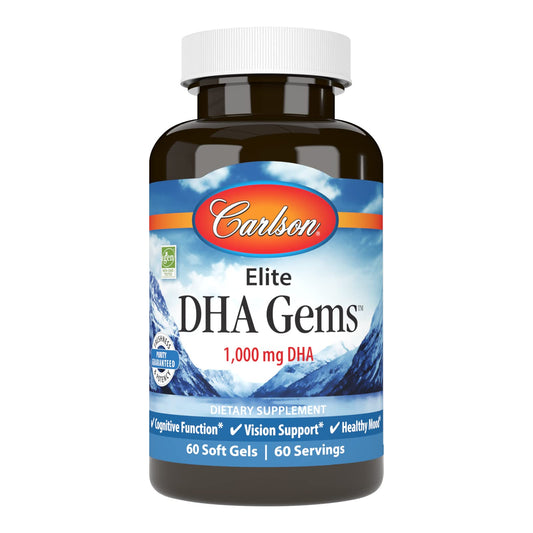 Carlson Elite DHA Gems bottle and softgels showing 1000 mg DHA per serving for daily support
