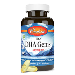 Carlson Elite DHA Gems freshness seal and softgel close-up signaling purity