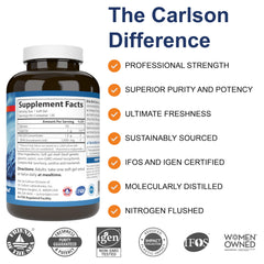 Close-up of Carlson Elite DHA Gems softgels highlighting wild-caught, sustainable omega-3 sourcing.