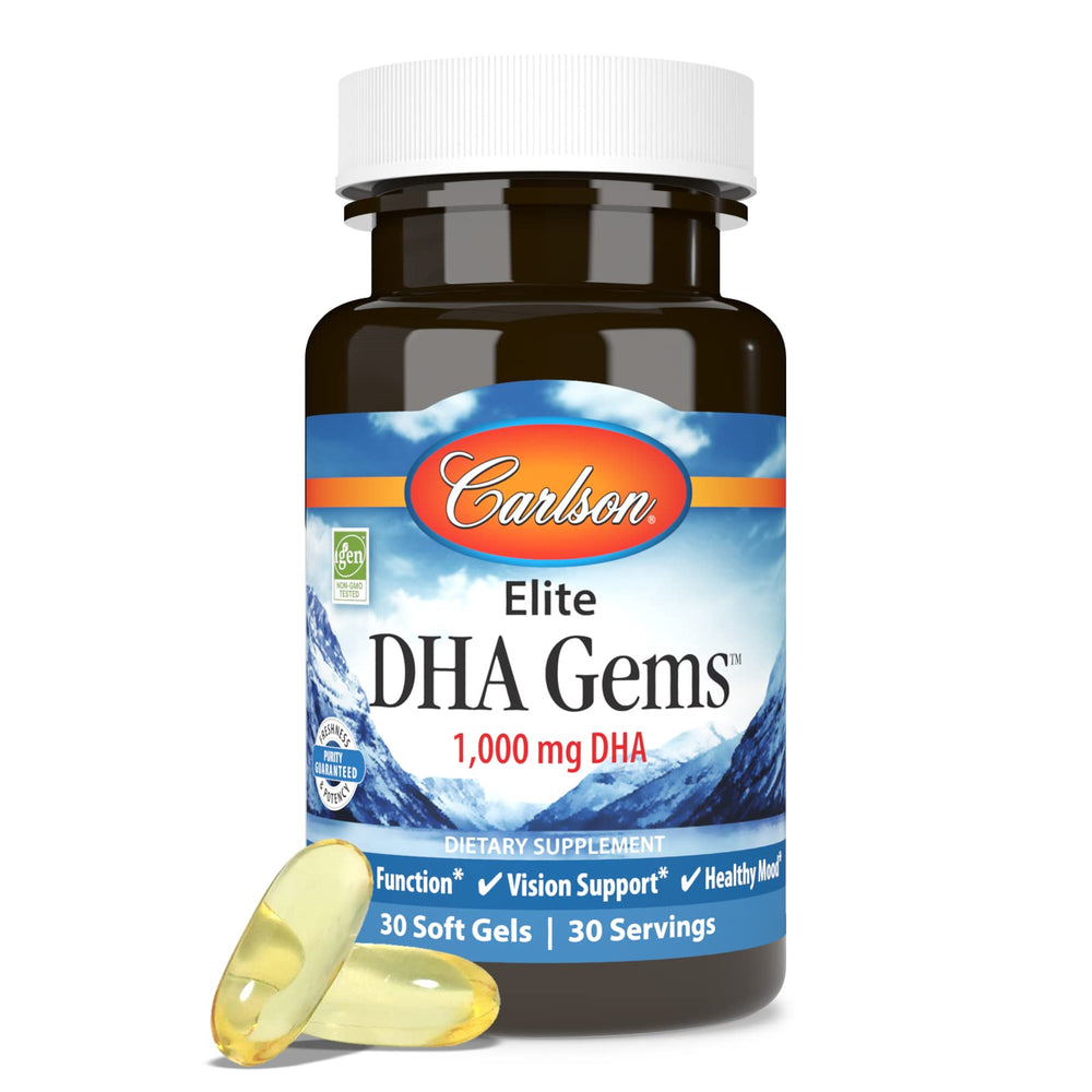 Hand holding a Carlson Elite DHA Gems soft gel for daily use.