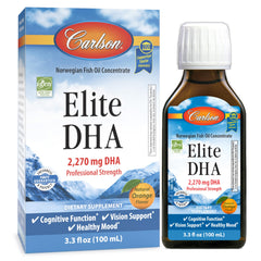 Carlson Elite DHA orange bottle with easy daily omega-3 for focus.