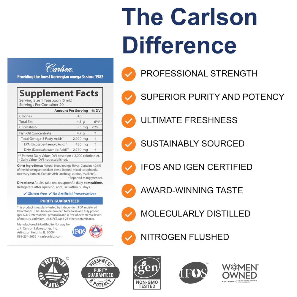 Carlson Elite DHA orange pour demonstrates simple serving for brain health.