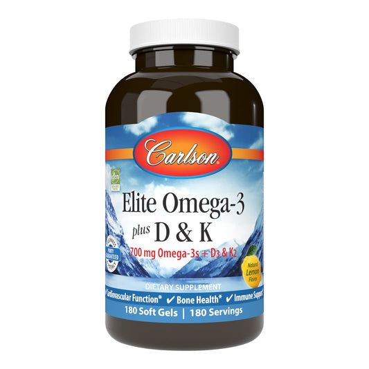 Carlson Elite Omega-3 Plus D-K lemon bottle front highlighting EPA and DHA benefits.
