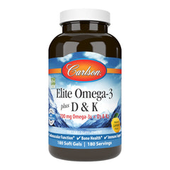 Carlson Elite Omega-3 Plus D-K lemon bottle front highlighting EPA and DHA benefits.
