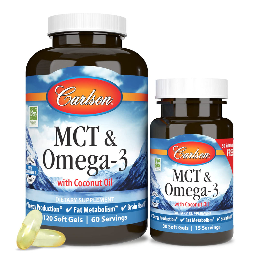 Carlson EPA DHA softgels bottle closeup showcases omega-3 benefits.
