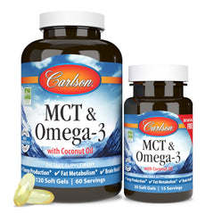 Carlson EPA DHA softgels bottle closeup showcases omega-3 benefits.