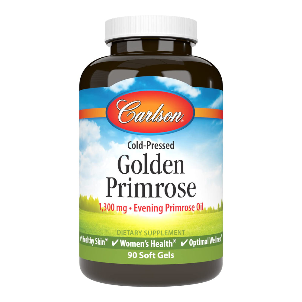 Carlson Golden Primrose oil bottle highlighting premium cold-pressed formula for skin support