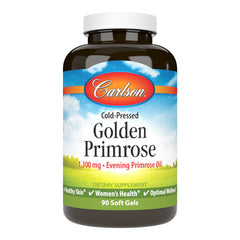 Carlson Golden Primrose oil bottle highlighting premium cold-pressed formula for skin support