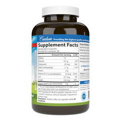 Carlson Grass-Fed Beef Liver capsules close-up shows easy-to-take daily capsules