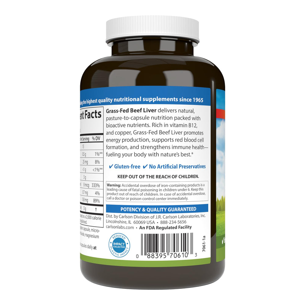 Carlson Grass-Fed Beef Liver label nutrition communicates natural B12 and copper benefits