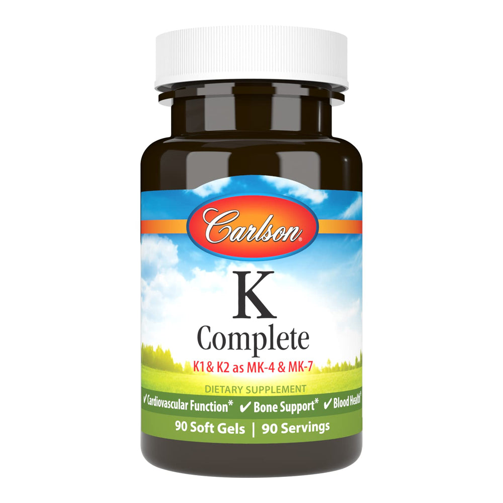 Carlson K Complete softgels bottle showing a comprehensive vitamin K blend for daily support.