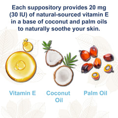 Carlson Key-E suppositories ingredients list highlights coconut and palm oil base with gentle moisturization