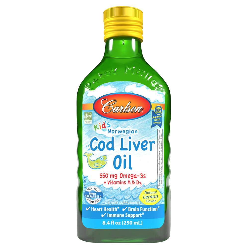 Carlson Kid's Cod Liver Oil lemon bottle, brand and flavor.