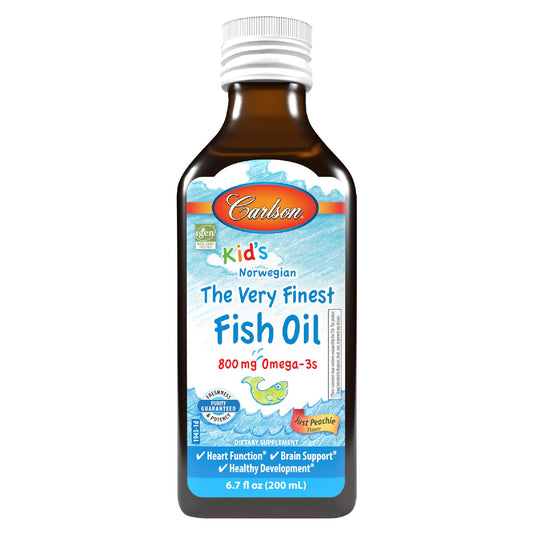 Carlson Kid's Just Peachie flavor bottle highlights kid friendly omega-3 benefits.