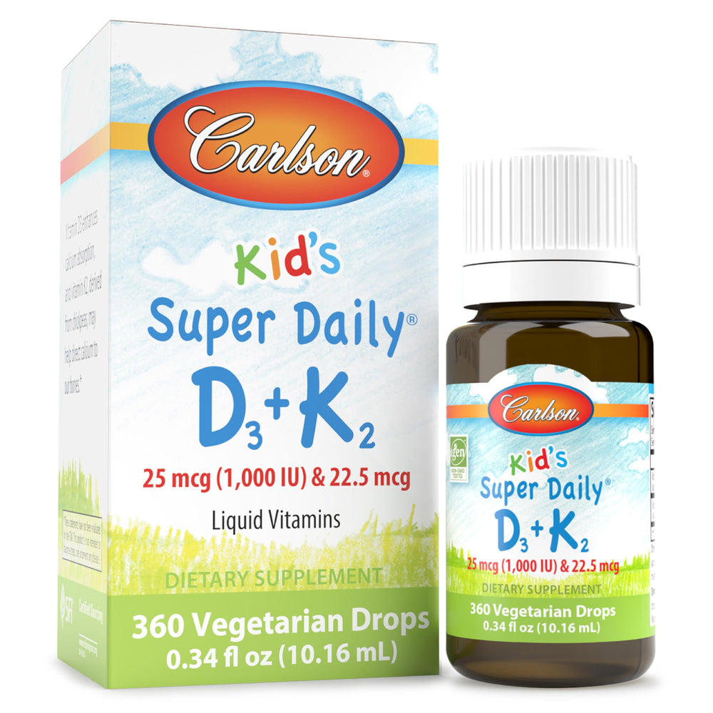 Carlson Kid's Super Daily D3+K2 bottle shows unflavored liquid for easy dosing.