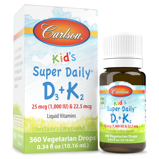 Carlson Kid's Super Daily D3+K2 bottle shows unflavored liquid for easy dosing.
