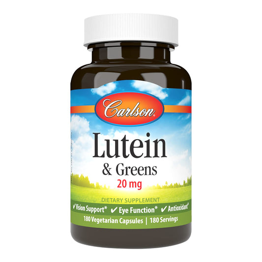 Carlson Lutein & Greens bottle front promoting eye health support