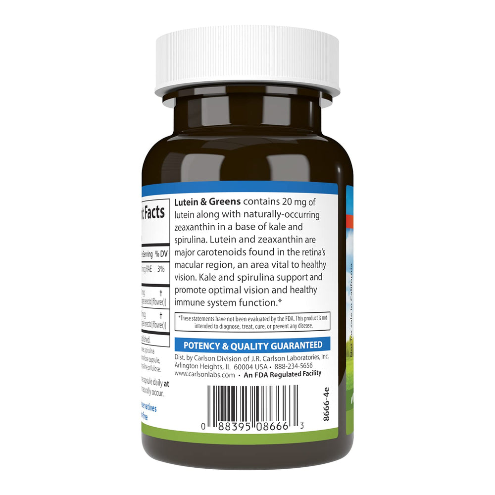 Carlson Lutein & Greens label and packaging reflect quality and natural ingredients.