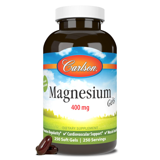 Carlson Magnesium Gels bottle with 400 mg softgels for daily heart and muscle support.