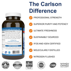 Carlson Maximum Omega 2000 label shows dosage and certifications.