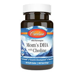 Carlson Mom's DHA with Choline bottle showing easy daily use for mothers