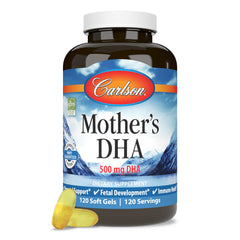 Carlson Mother's DHA bottle with glass illustrates easy daily supplementation