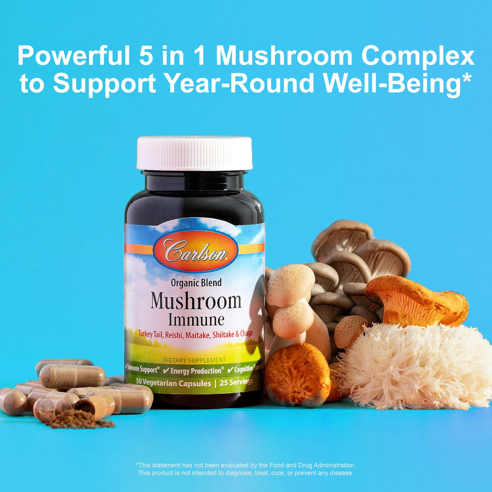 Carlson Mushroom Complex capsules on white background for convenient daily dosing, easy to swallow.