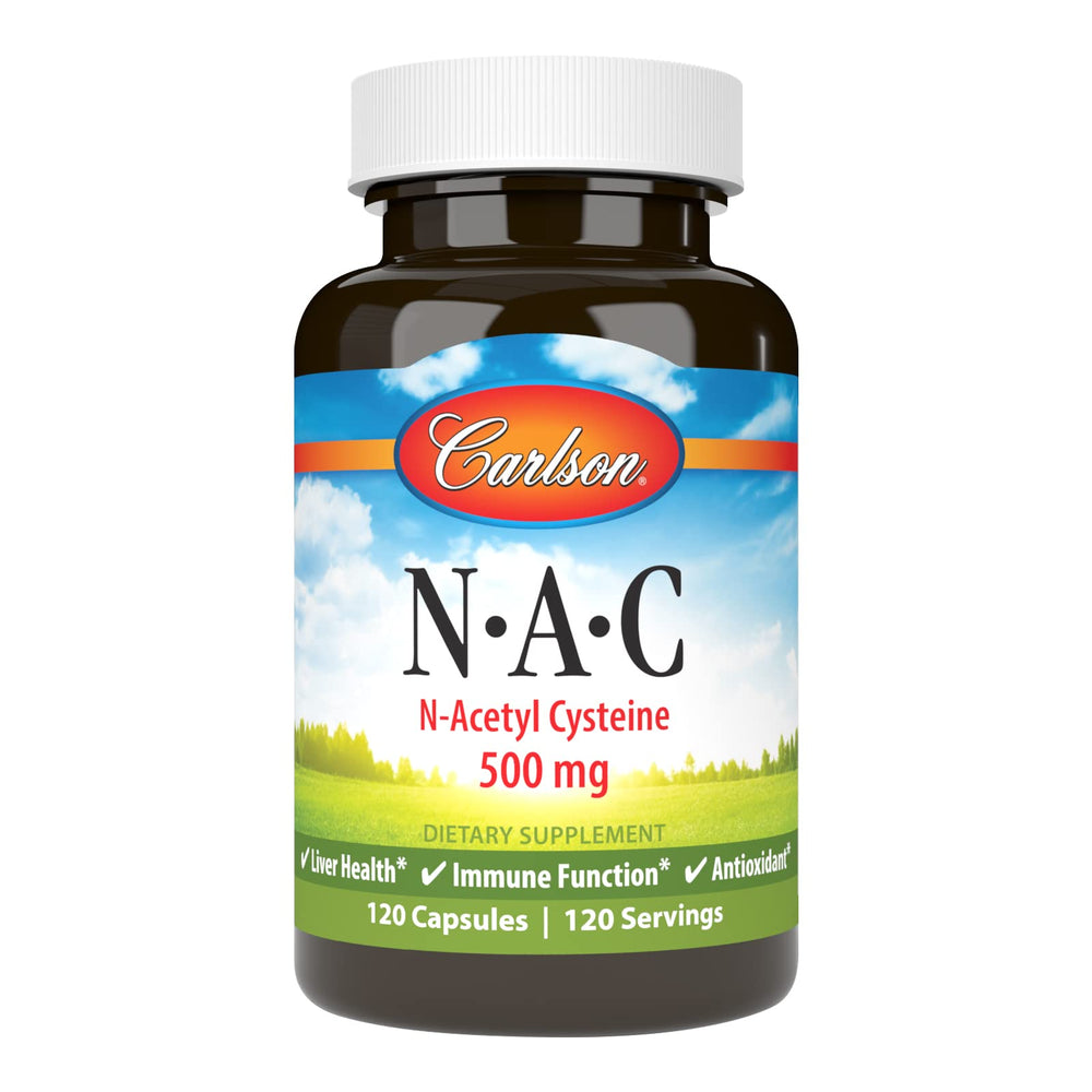 Carlson NAC 500mg bottle label highlights dosage for liver support