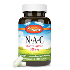 Carlson NAC 500mg information card illustrates potency and quality guarantee