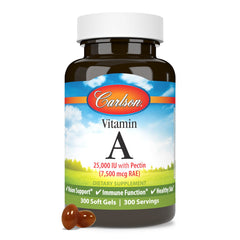 Dim-light scene with Carlson Vitamin A softgels illustrating potential night vision support.