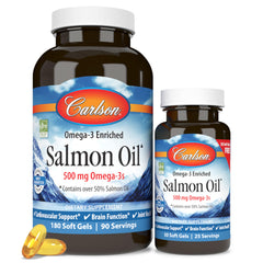 Carlson Norwegian Salmon Oil bottle showing 500 mg omega-3 per serving for daily support