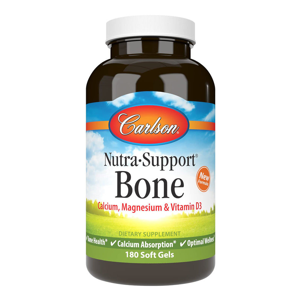 Carlson Nutra-Support Bone bottle shows 180 softgels for daily calcium intake and vitamin D absorption