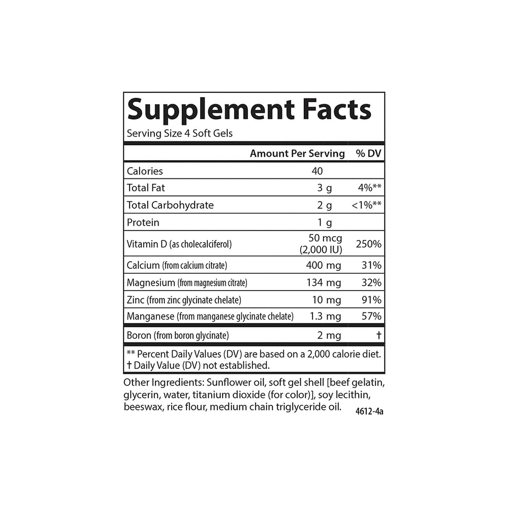 Carlson Nutra-Support Bone calcium per serving visual emphasizes 400 mg calcium