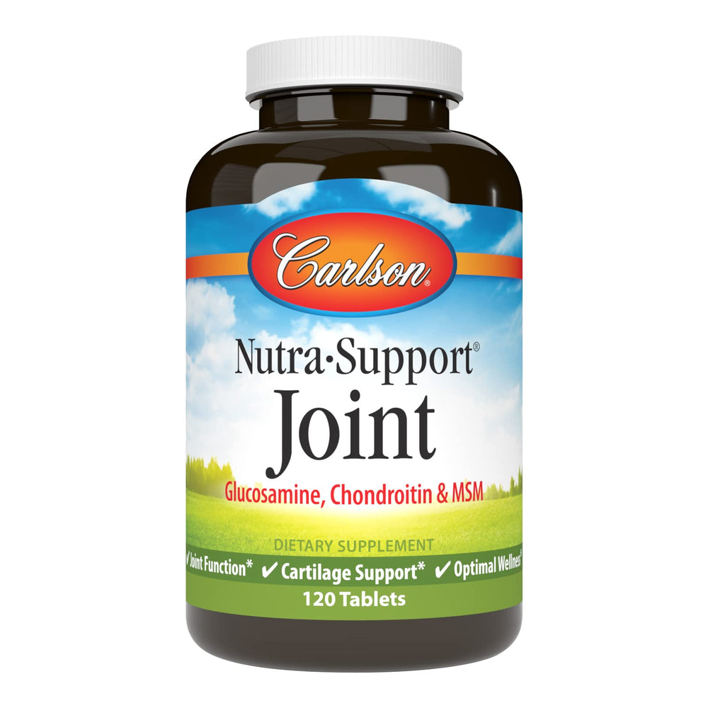 Carlson Nutra-Support bottle showing glucosamine, chondroitin and MSM for daily joint nourishment.