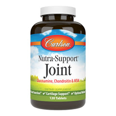 Carlson Nutra-Support bottle showing glucosamine, chondroitin and MSM for daily joint nourishment.