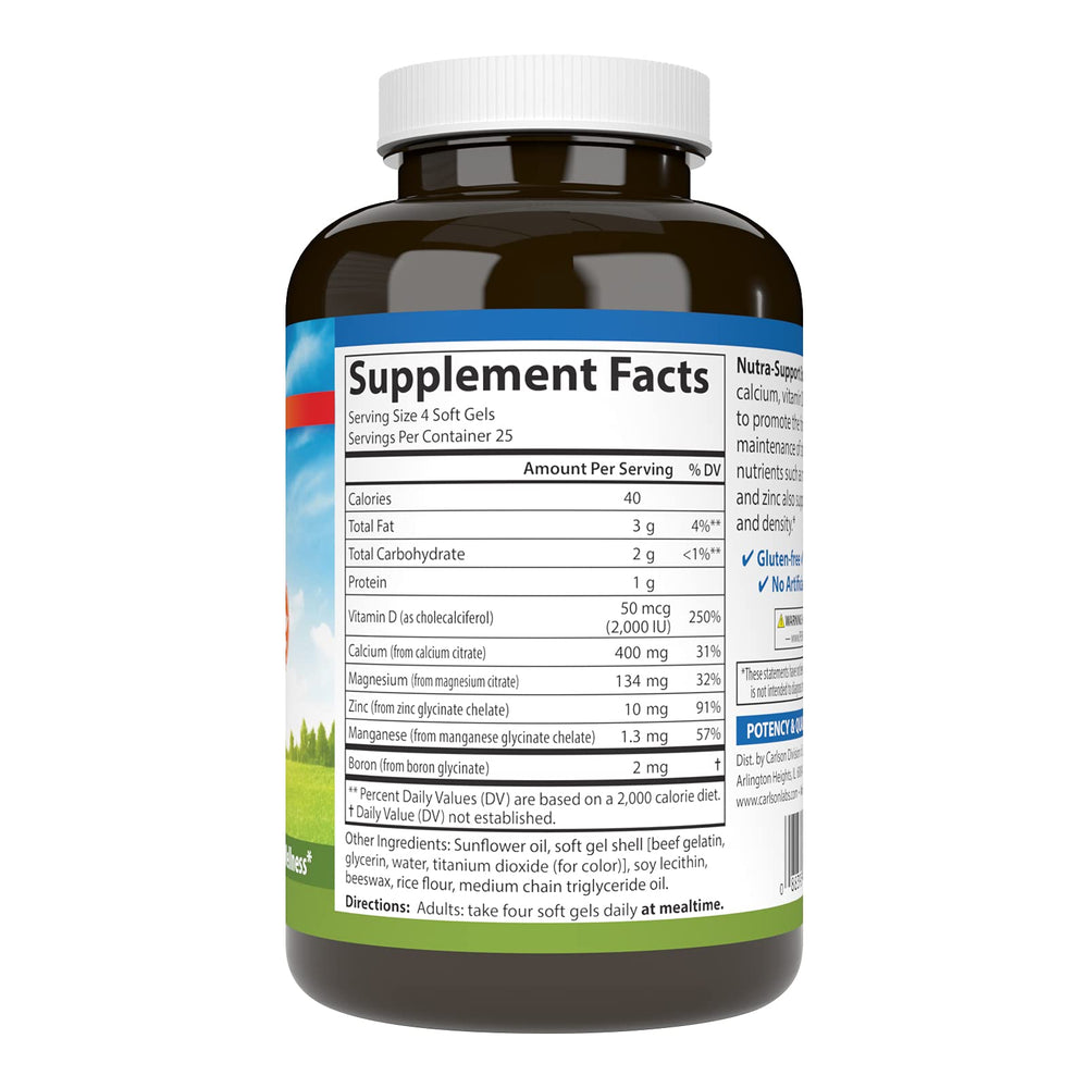 Carlson Nutra-Support softgels close-up emphasizing calcium and D3