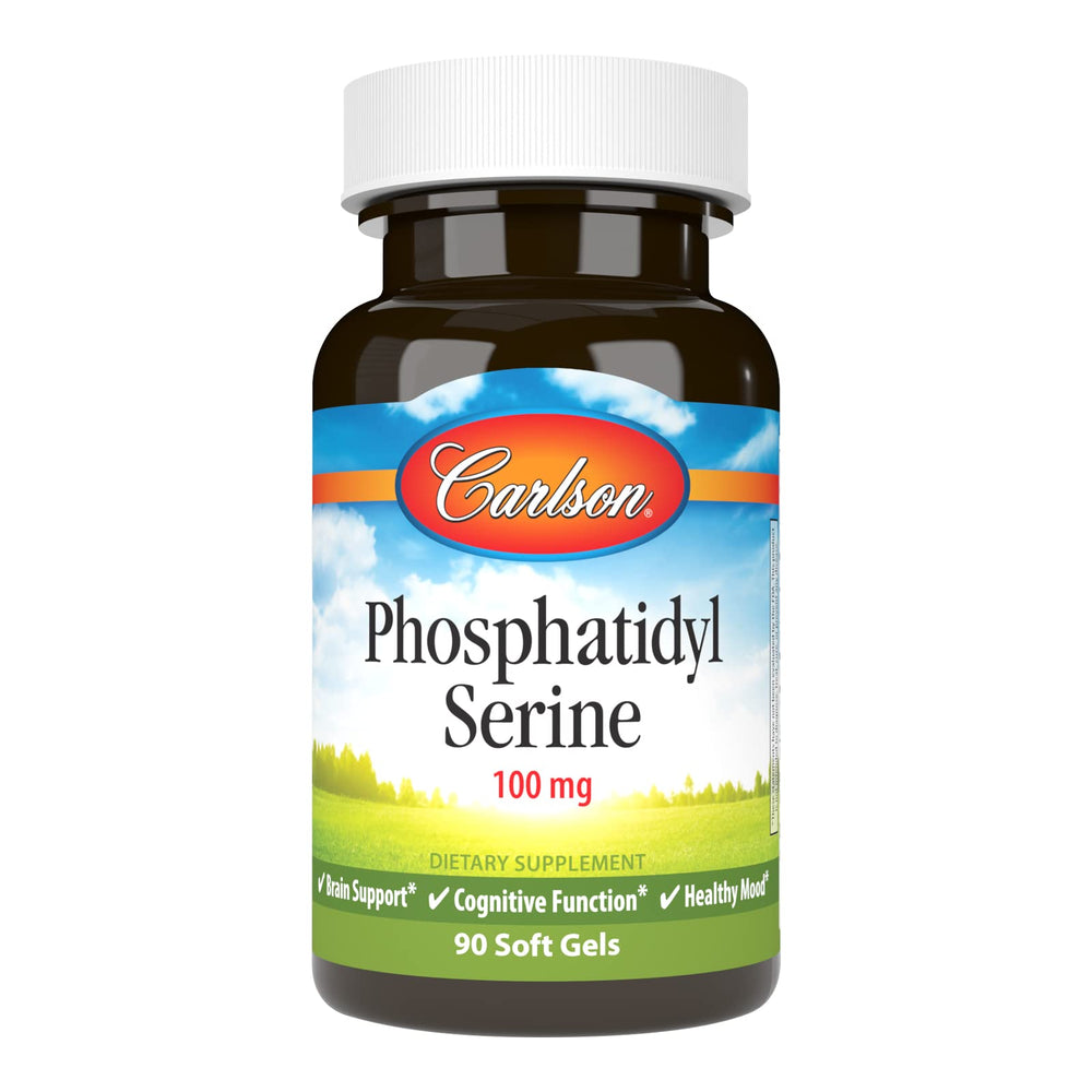 Carlson phosphatidylserine softgels bottle close-up showing 100 mg dose for brain support