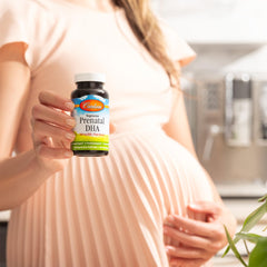 Carlson Prenatal DHA softgel close-up 500 mg potency, plant-based