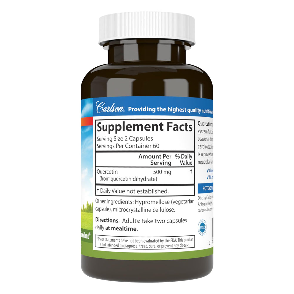 Carlson Quercetin 500mg serving capsules easy daily intake.