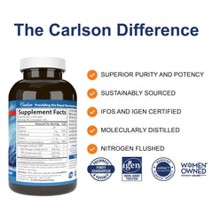 Carlson Salmon Oil cap closeup highlights freshness and potency.