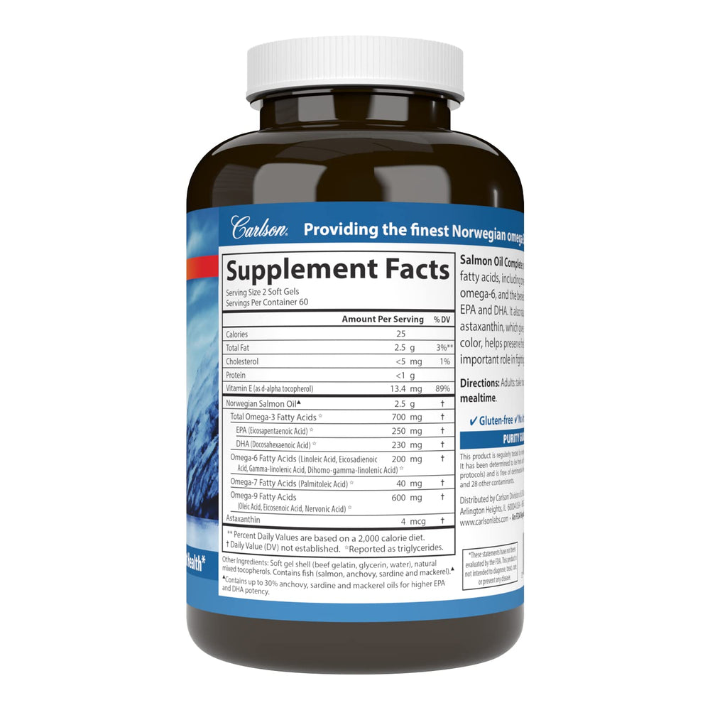 Carlson Salmon Oil Complete bottle showing astaxanthin-rich soft gels for antioxidant support.