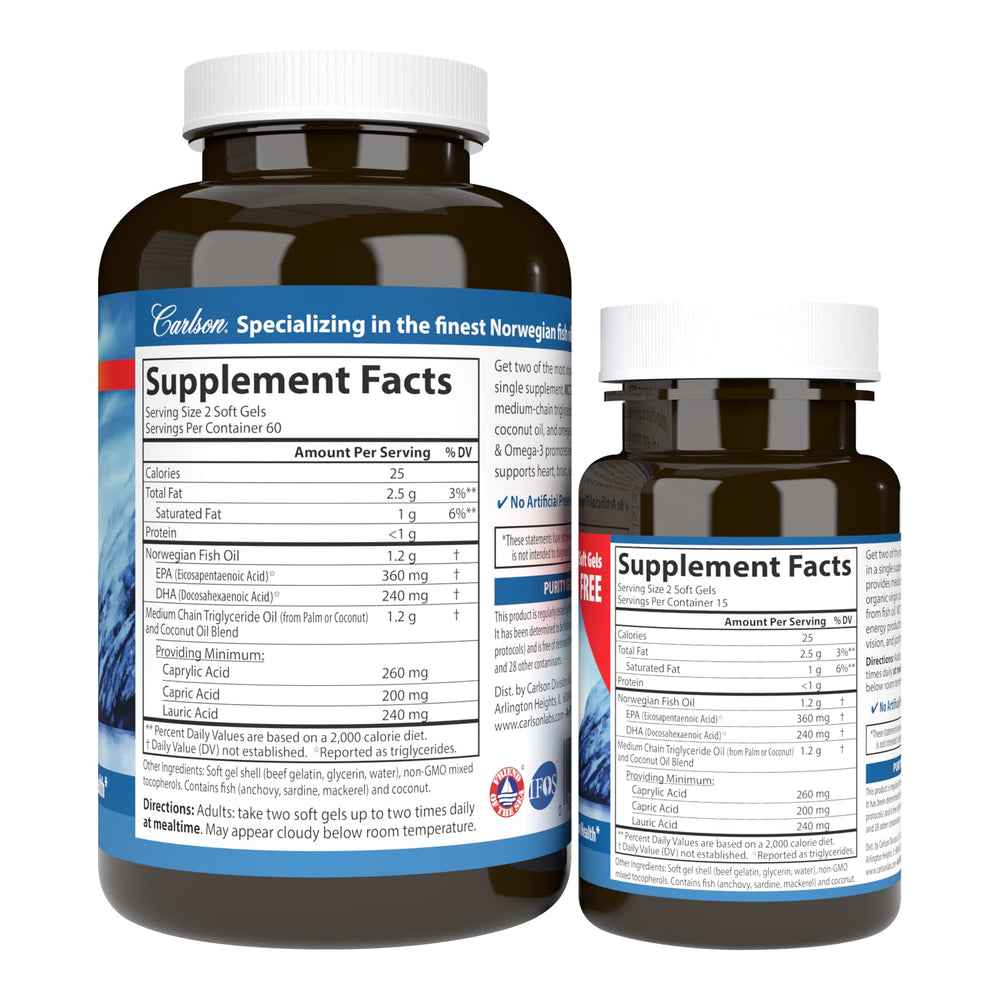 Carlson MCT Omega-3 softgels pour bottle for easy daily use.