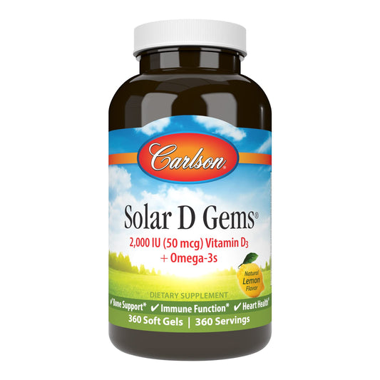 Carlson Solar D Gems lemon softgel bottle supports bone health and omega-3 intake.