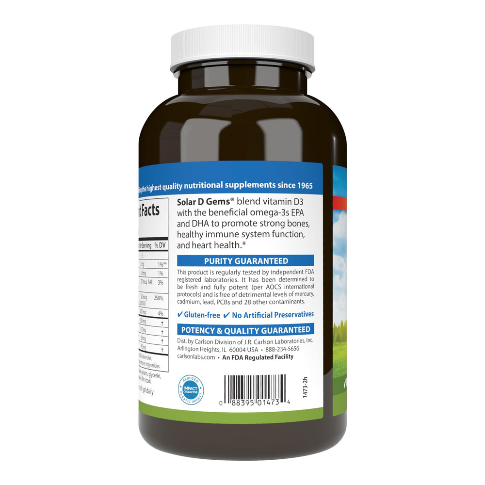 Front view of the Carlson Solar D Gems bottle with D3 and EPA/DHA information.