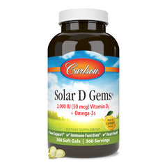 Carton showing 360 softgels of Carlson Solar D Gems lemon flavor.