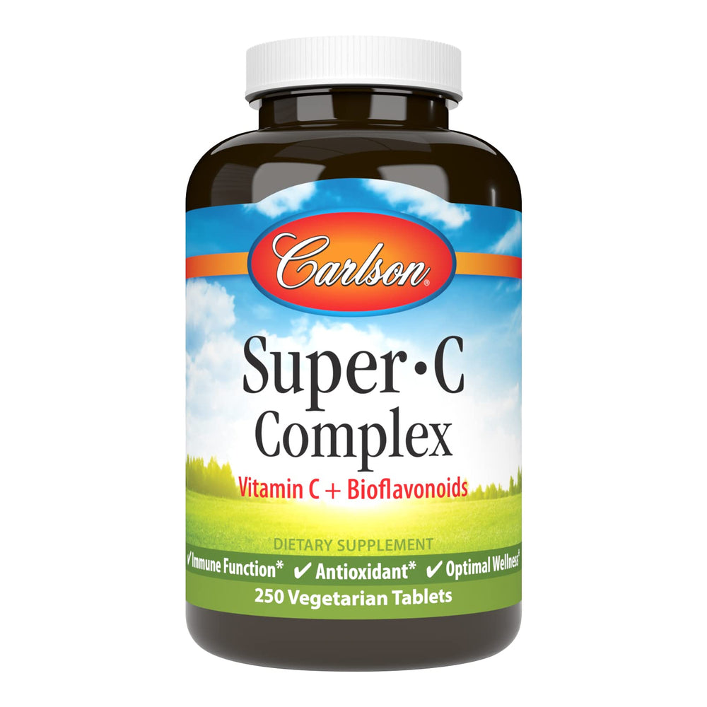 Carlson Super-C Complex bottle front displaying vitamin C and bioflavonoids for daily support.