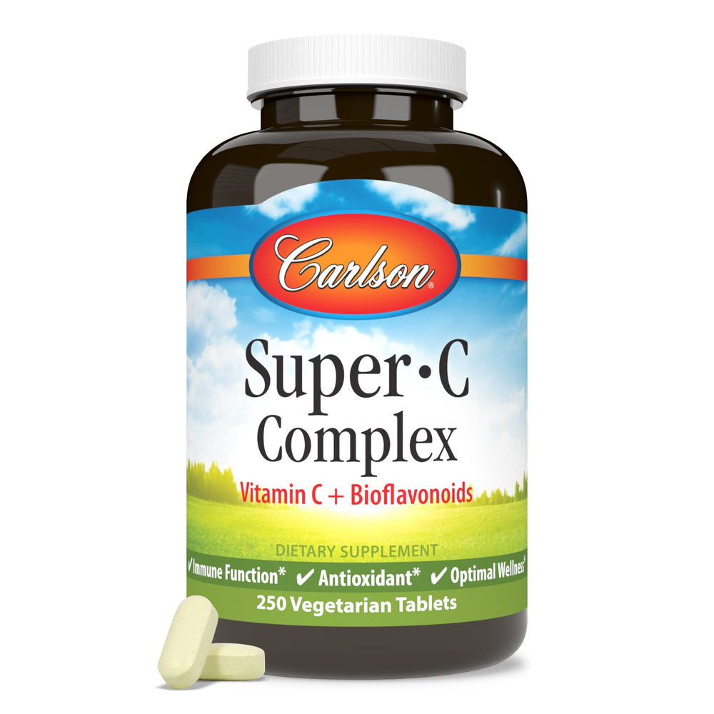 Carlson Super-C Complex packaging box emphasizing vegetarian tablets for wellness routines.