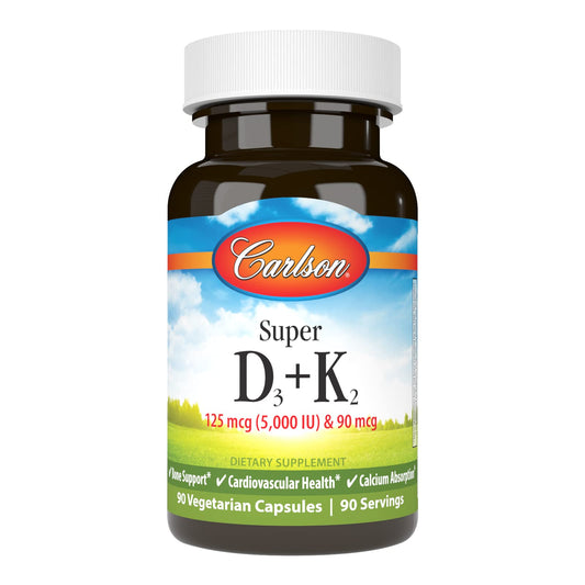 Carlson Super D3 + K2 bottle label shows D3 and K2 ingredients for bone support.