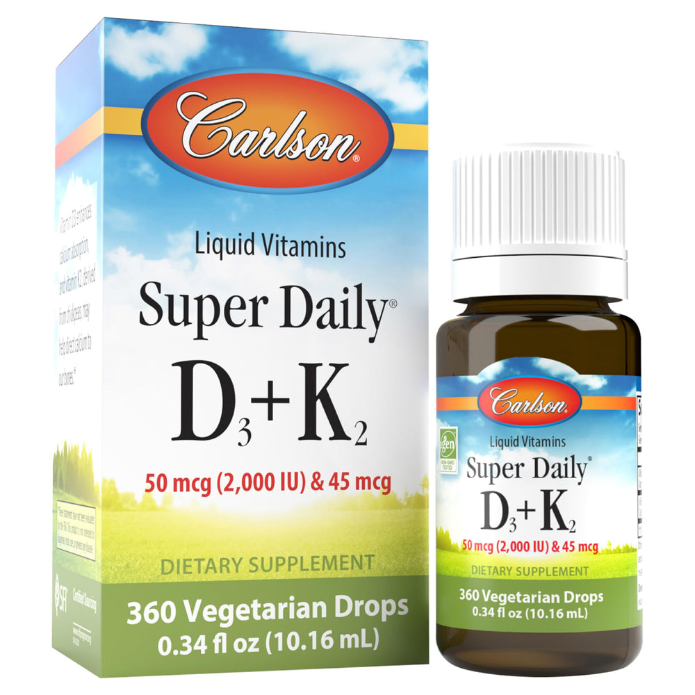Carlson Super Daily D3 + K2 bottle front with two drop serving