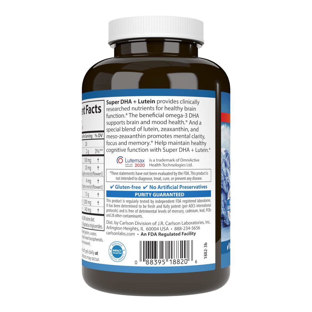 Carlson bottle label detail featuring Lutemax 2023 and key nutrients.
